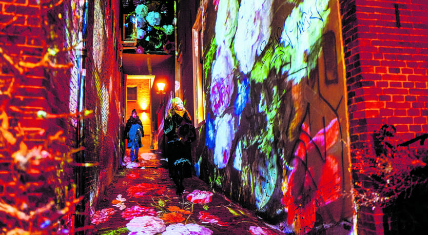   DOKKUM  Op de muren en de straat van het Koperslagerssteegje in Dokkum is het kunstwerk  Stilleven met bloemen in glazen vaas  (1650) van Jan Davidsz te zien als lichtkunstwerk. De projectie maakt deel uit van Winterljocht Dokkum van kunstenaarsduo Kroft & Smids uit Leeuwarden. Tot en met 8 februari sieren lichtkunstwerken een 1,5 kilometer lange route door de binnenstad van Dokkum, vanaf een halfuur na zonsondergang tot 22.00 uur.  Foto: Hoge Noorden/Jacob van Essen 