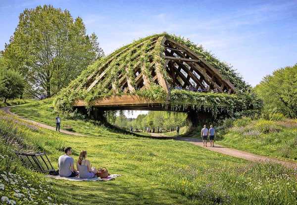  Veel lezers zouden de brug, overgenomen door de natuur, graag zien in een park, zoals het Rasterhoffpark. beeld: AI-gegenereerd door redactie Leeuwarder Courant